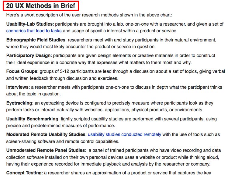 elaboration of the best 20 UX methods compiled by NN group