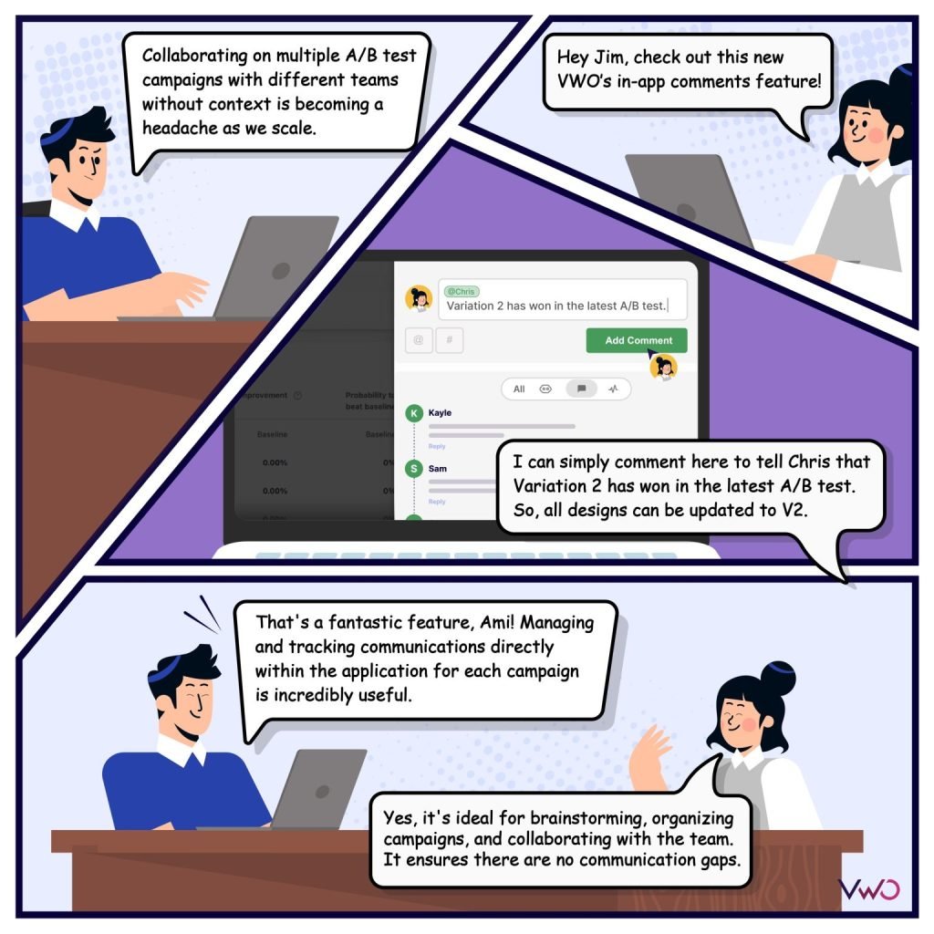 Comic strip on VWO's in-app comment feature.