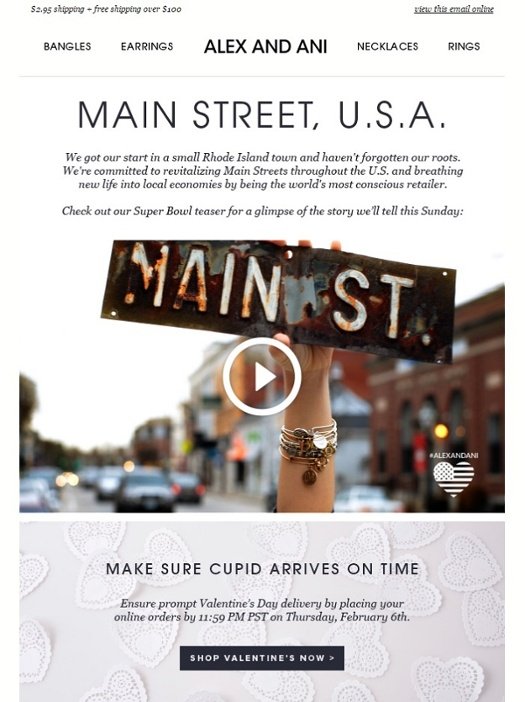 screenshot of the e-newsletter with a embedded video from Alex and Ani.