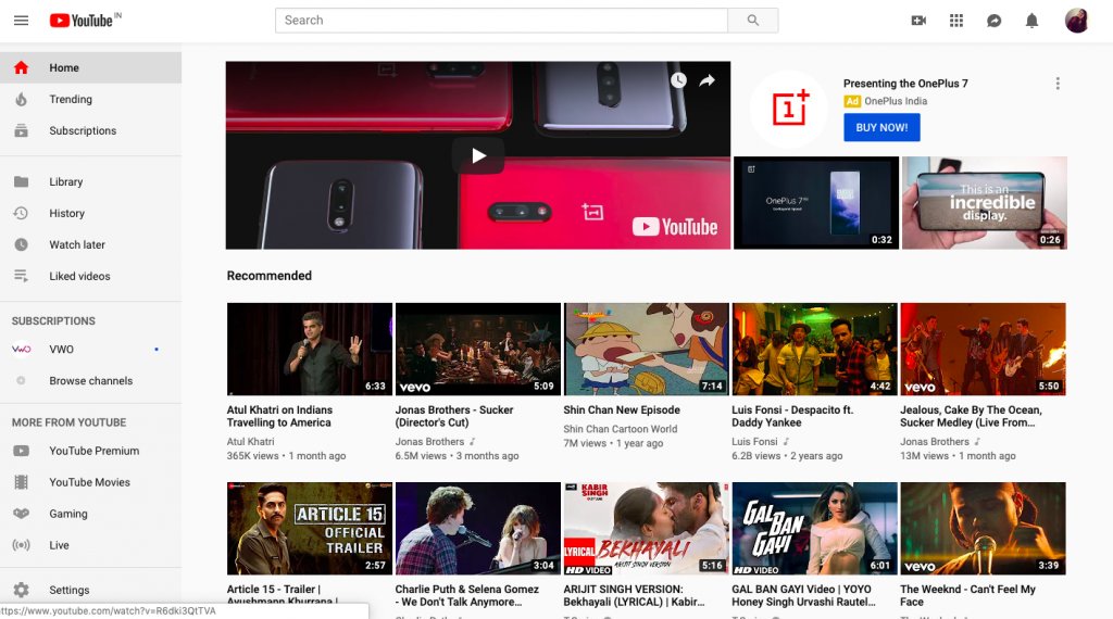 personalized home page of YouTube