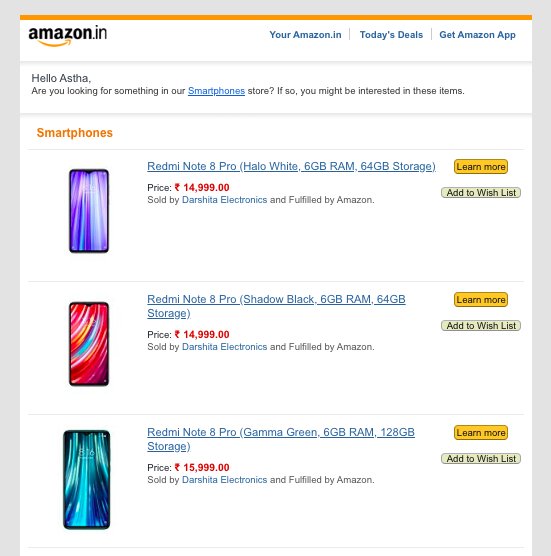 screenshot of targeted email campaigns from Amazon based on visitor behavior