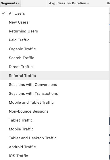 a screenshot for all the different visitor segments within Google Analytics