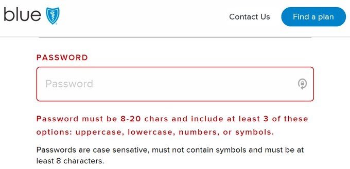 an example of a complicated error message shown to the visitor on entering invalid data in the form field for password