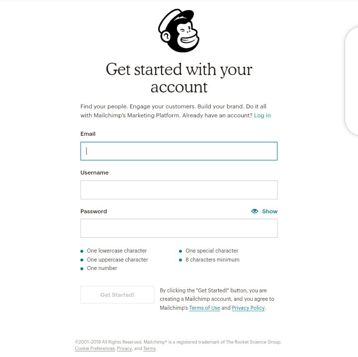 example of the sign-up form on the website of MailChimp
