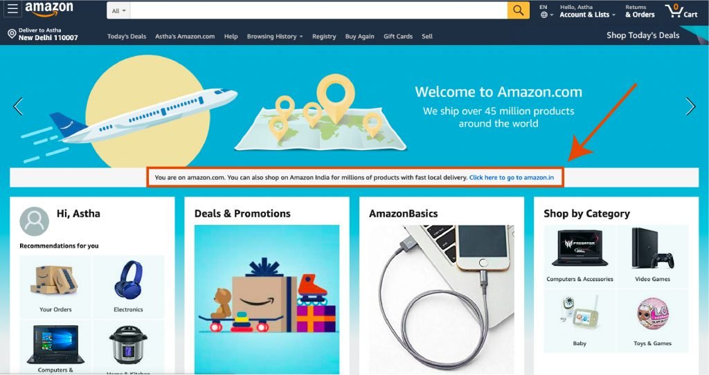 screenshot of the Amazon.com's home page requesting visitor to visit their country level Amazon website