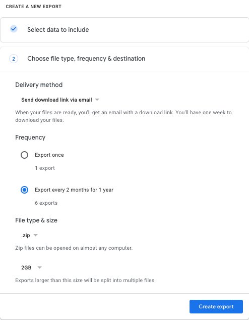 screenshot of the Step 2 in Google Takeout for configuring the delivery method