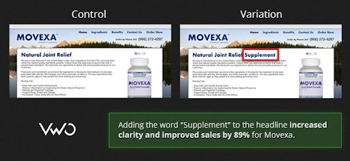 a screenshot of both the variations of the landing page tested by Movexa
