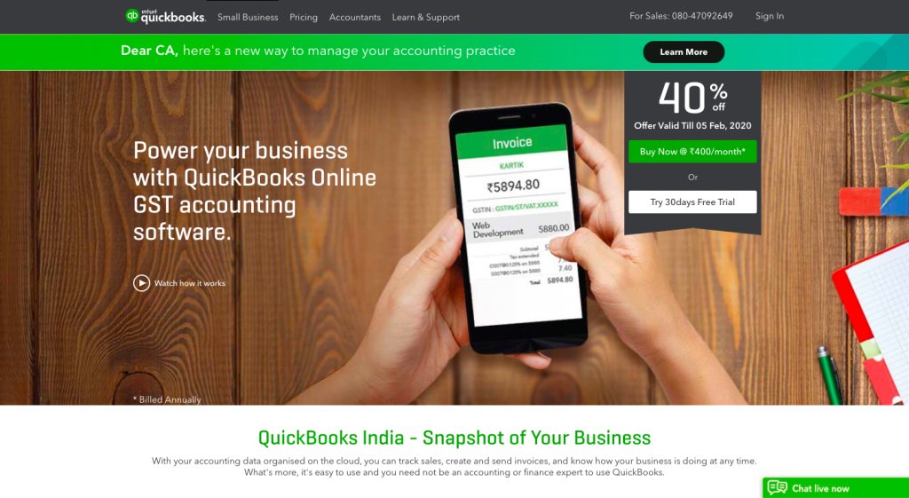 screenshot of Intuit's landing page basis a visitor's demography