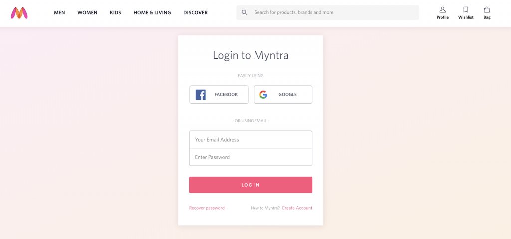 screenshot of the login page of Myntra.com
