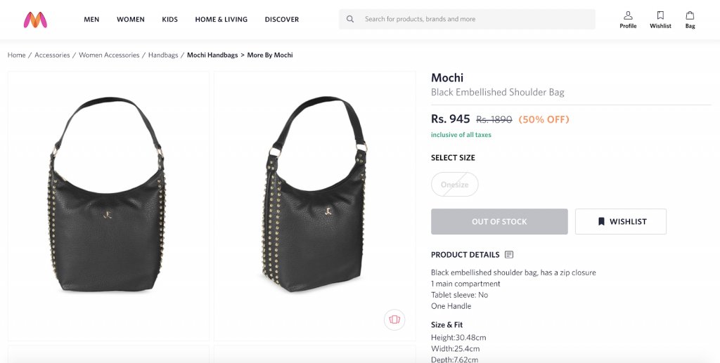 screenshot of the product listing on Myntra.com