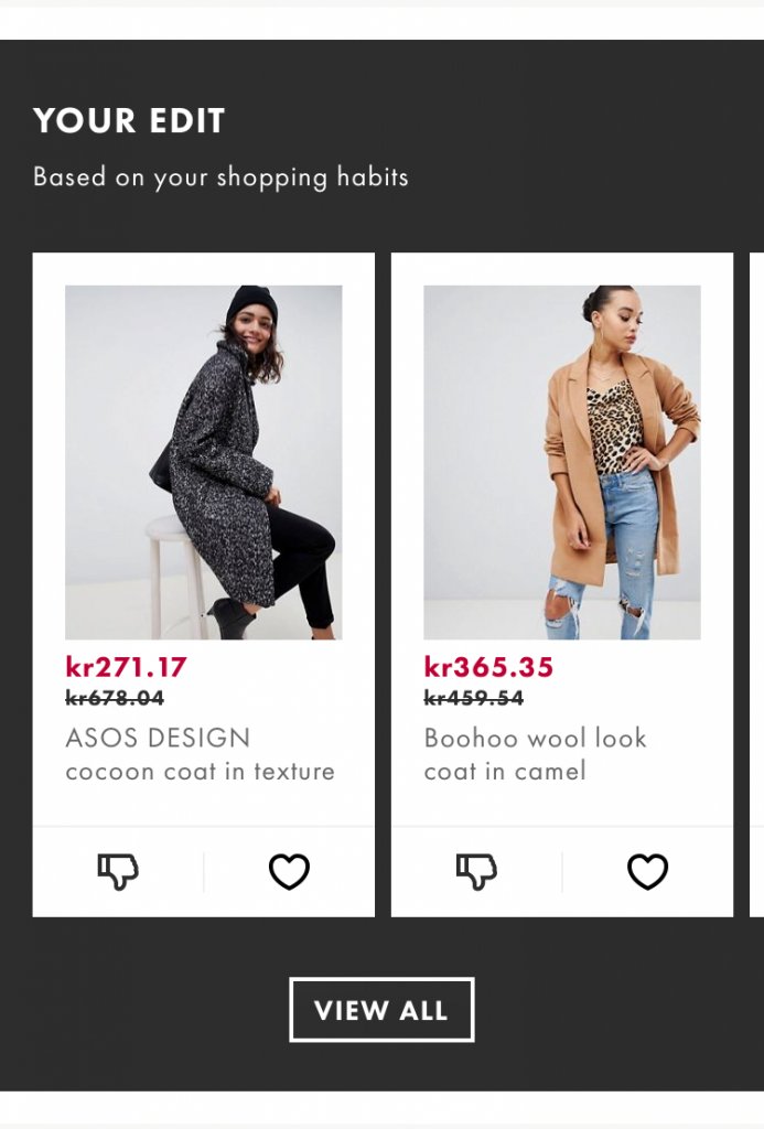a screenshot of the personalized recommendations on the ecommerce store of ASOS