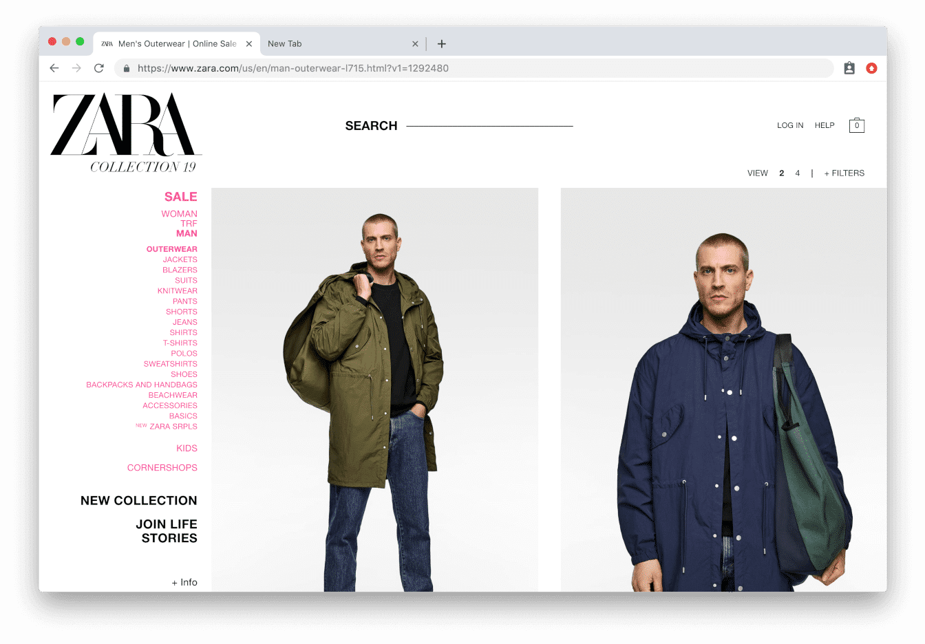 an example of Zara using extra-large images on their product category pages