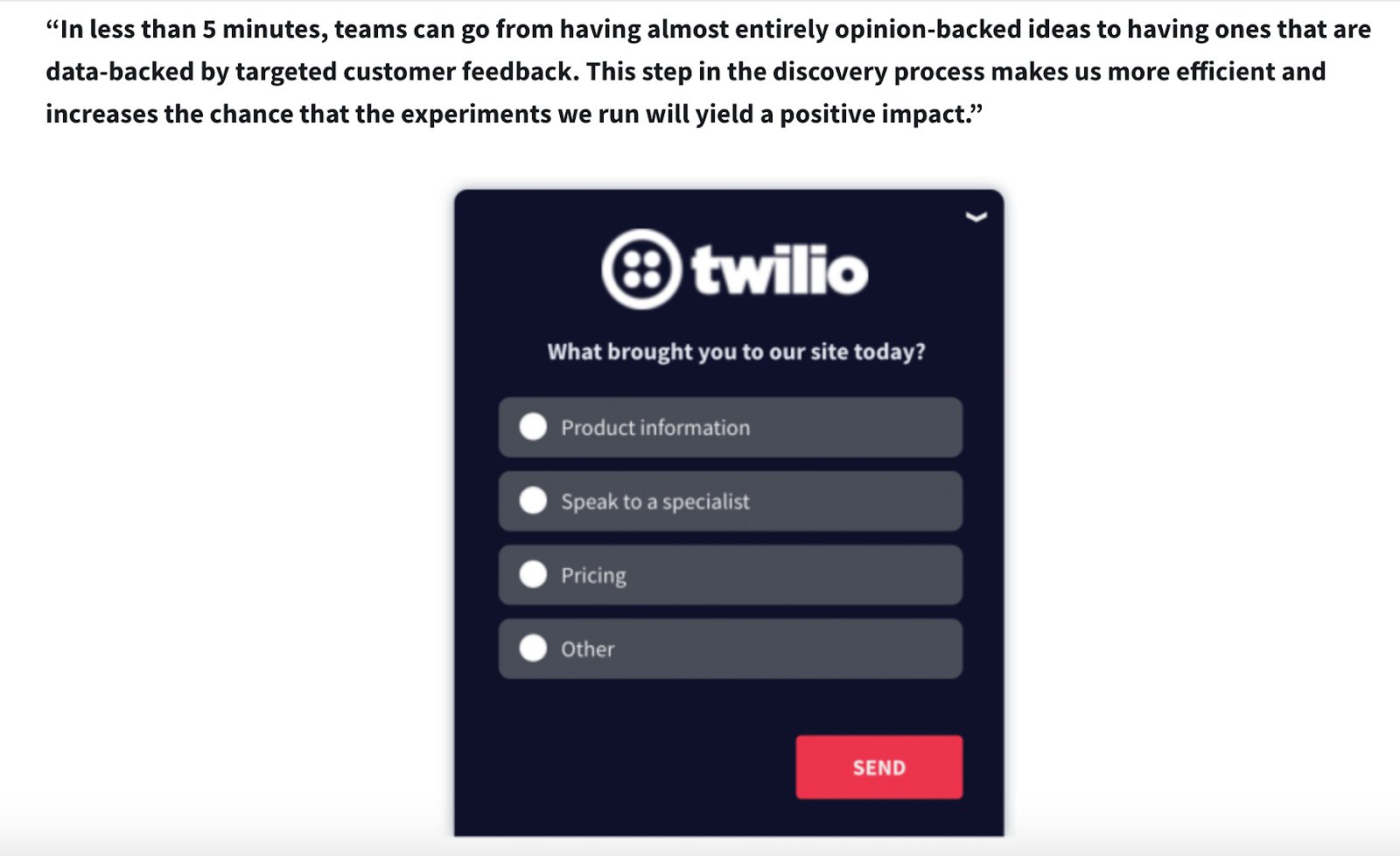a screenshot of the sample questions used by twilio for on-site surveys