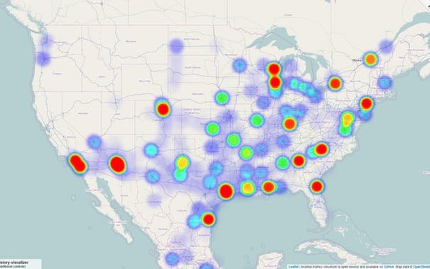 heatmap generated based on the Google Maps location based history data