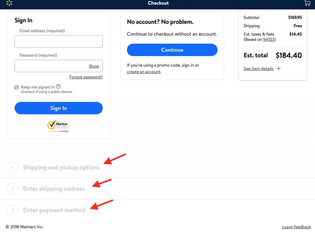 screenshot of the checkout flow on the website of Walmart