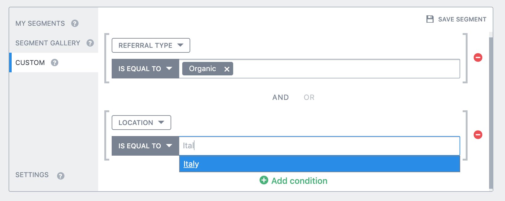 adding segments of Organic and location as Italy to personalize campaign