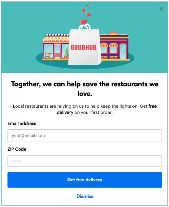 screenshot of Grubhub's pop-up to help restaurants stay afloat