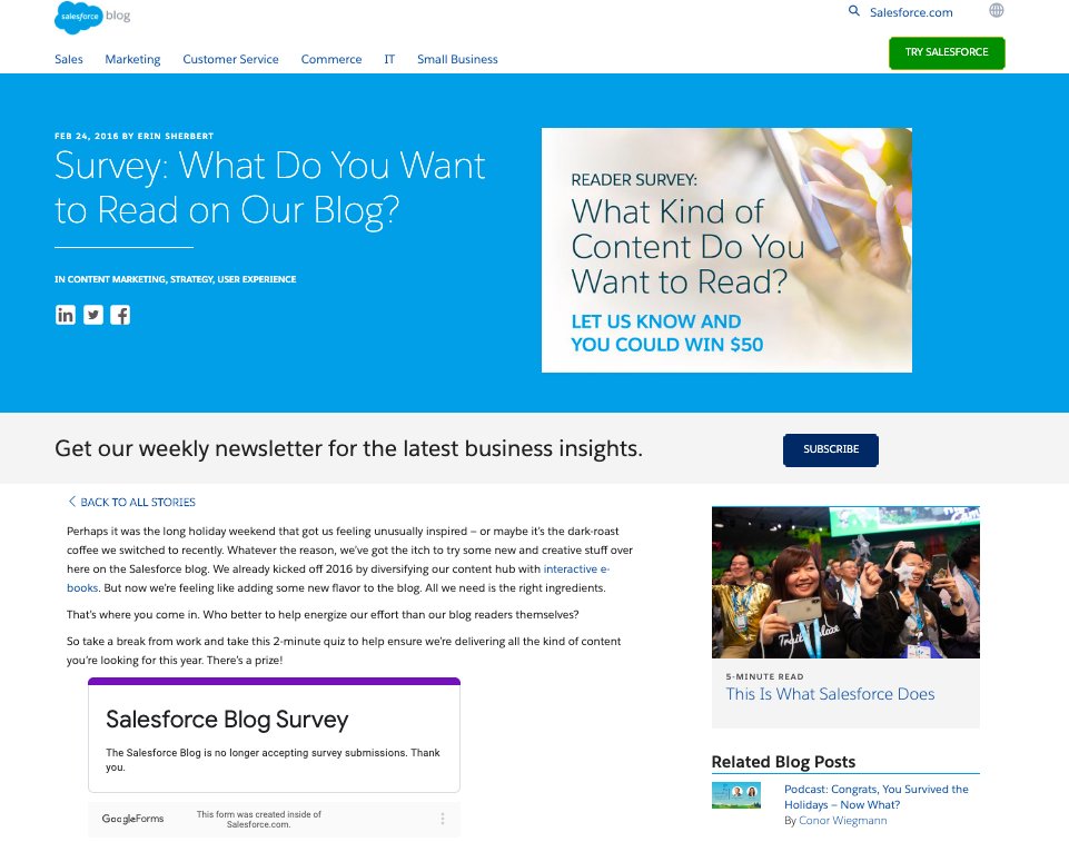 Salesforce survey forms asking customers their reading choices
