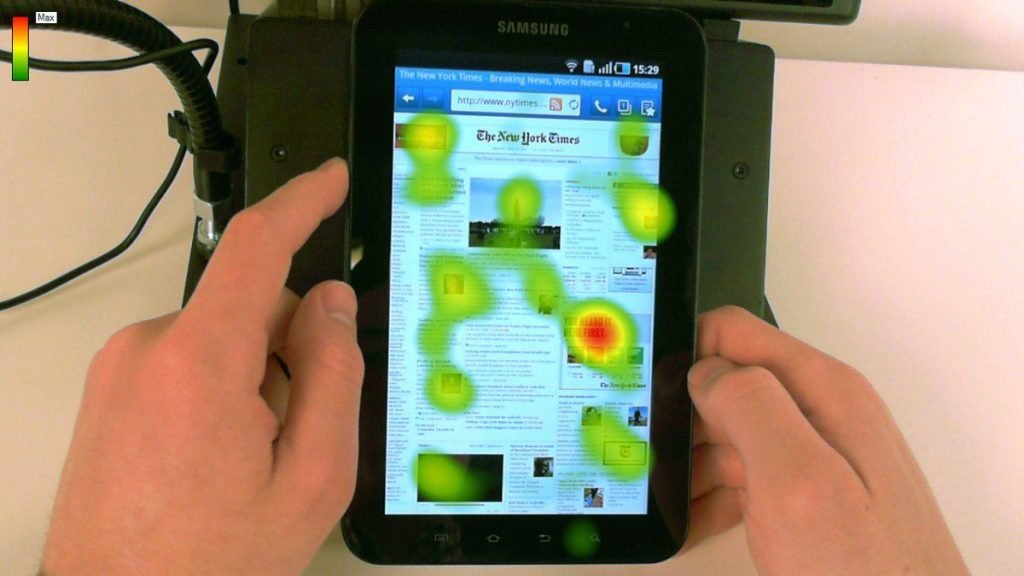 an example of eye-tracking heatmap on the tablet version of a website