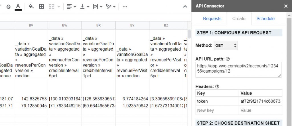 screenshot of test VWO data getting populated in Google Sheets