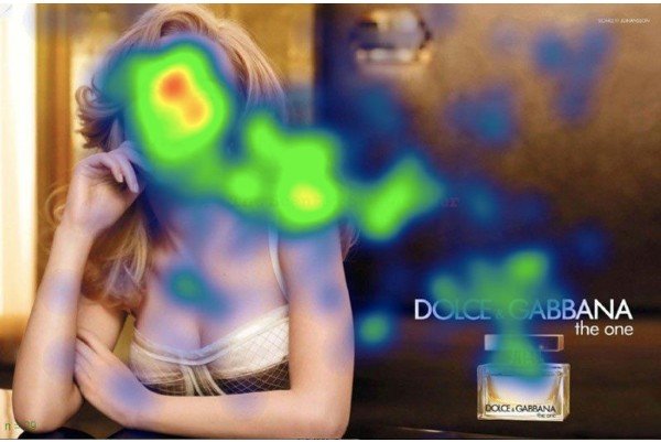 screenshot of an eye tracking heatmap on a traditional advertisement