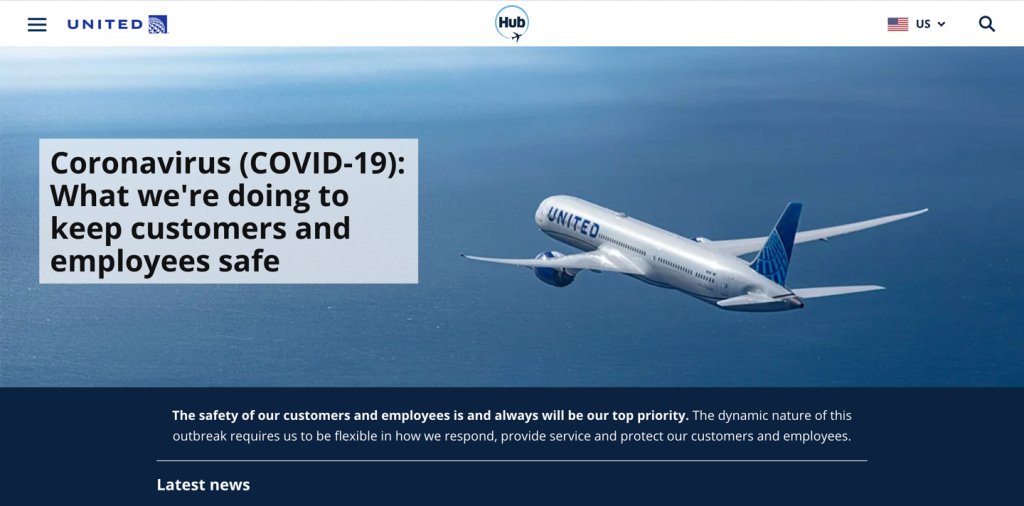 screenshot for the Coronavirus warning update on United Airlines' home page