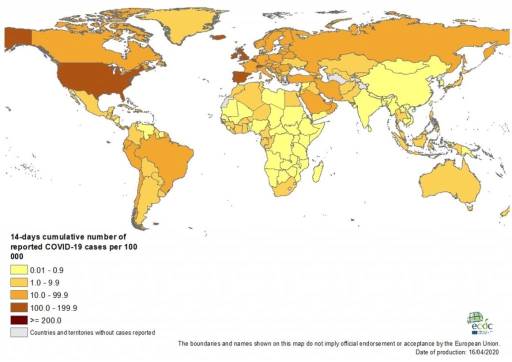 geograficzna mapa cieplna w excelu dla liczby przypadków COVID-19