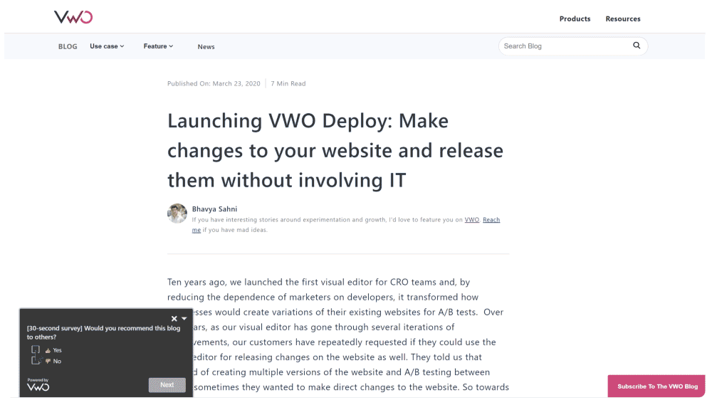 a GIF of running VWO survey on one of VWO's blog posts