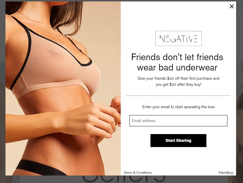 screenshot of an attractive lead generation popup on Negative Underwear website