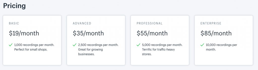 screenshot of the pricing and plans for Hindsight shopify heatmap app