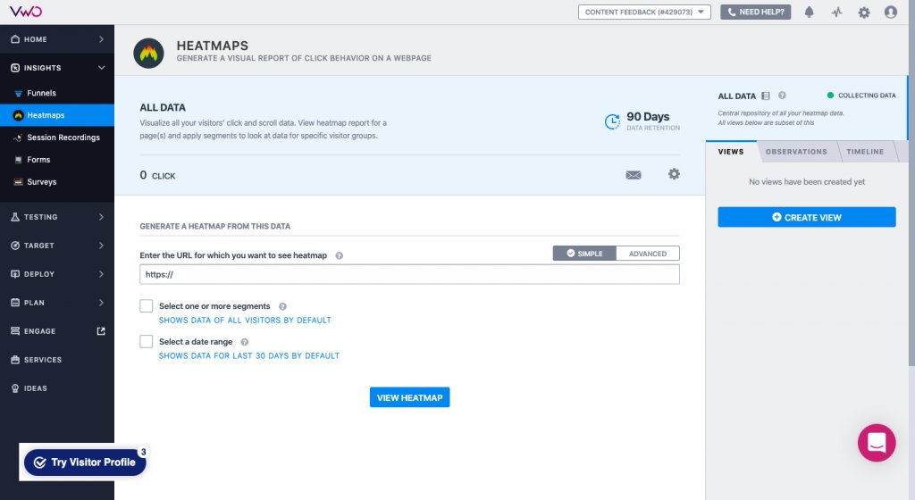 screenshot of the Heatmaps overview in VWO