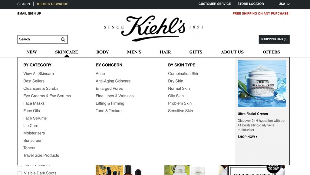 screenshot of Kiehls' website navigation