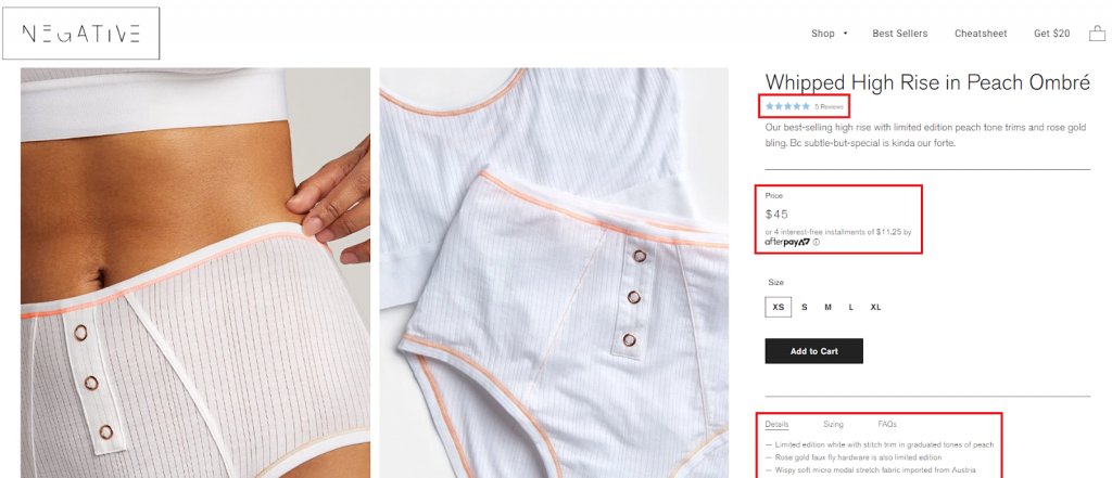 screenshot of product pages of Negative Underwear website