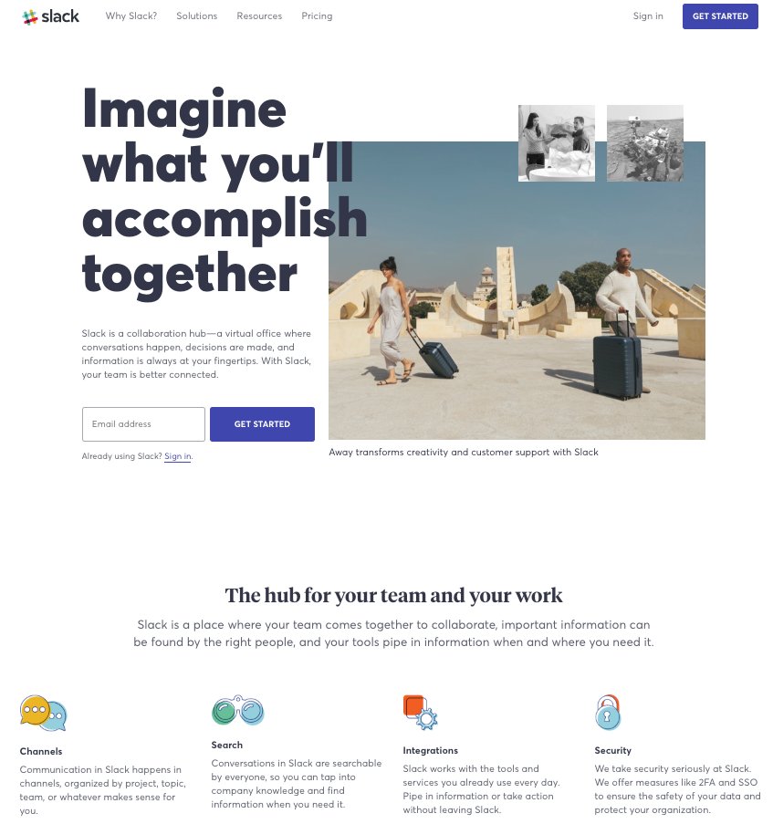 screenshot of the landing page for Slack