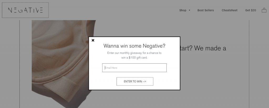 screenshot of a popup on Negative Underwear website