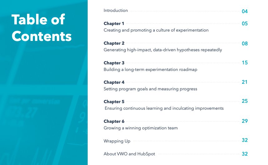 table of contents within the guide