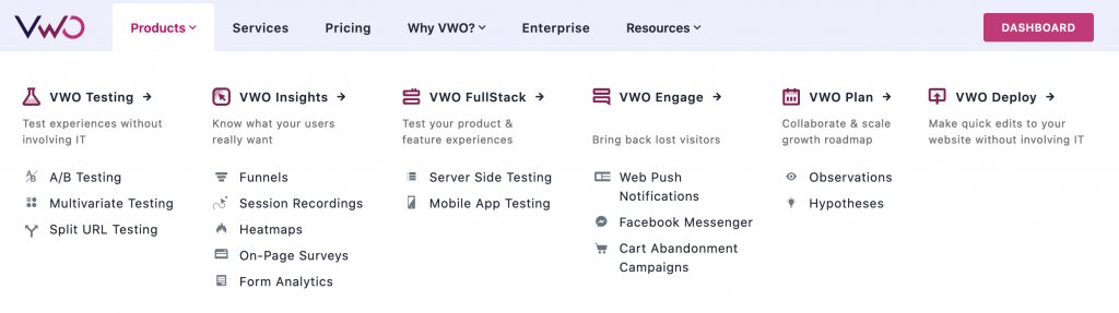 VWO's website product menu header