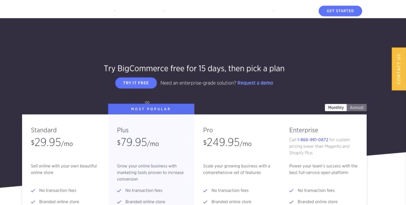 Desktop View of The BigCommerce Pricing Page
