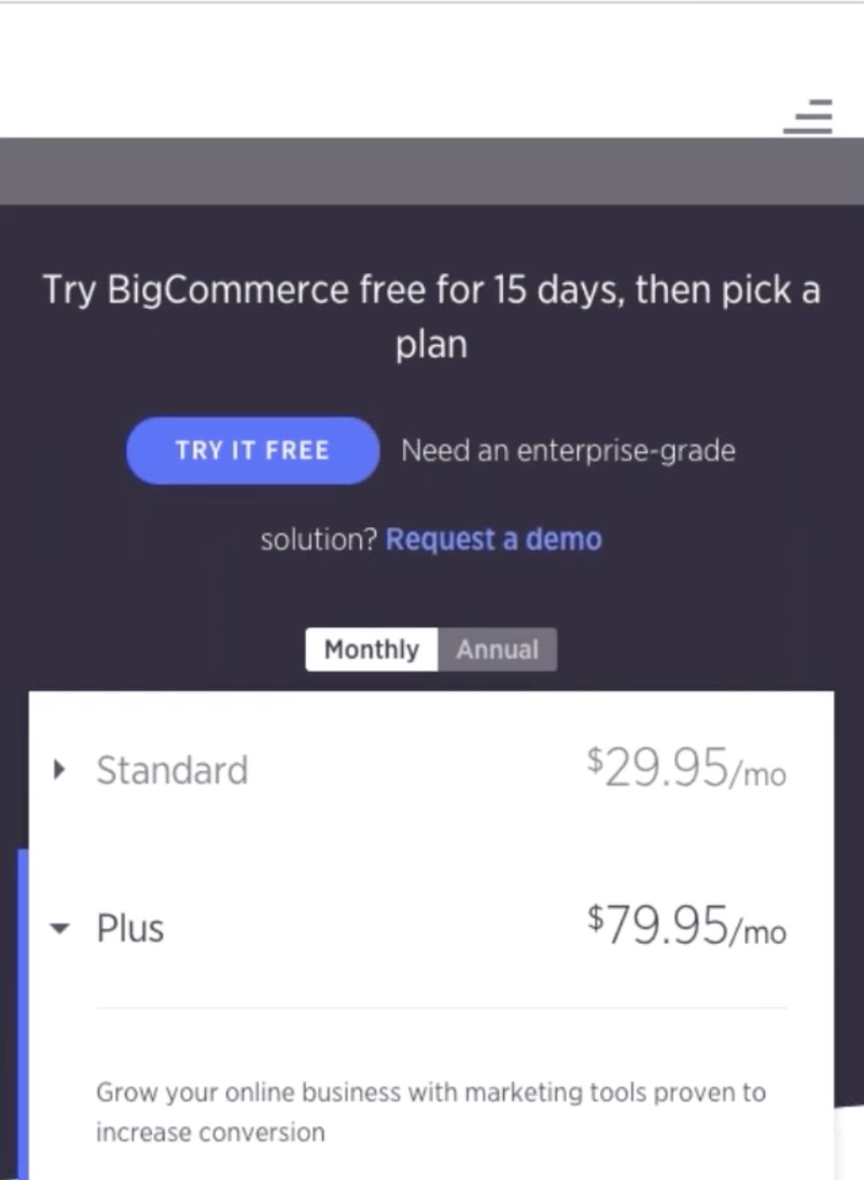 Mobile View of The BigCommerce Pricing Page