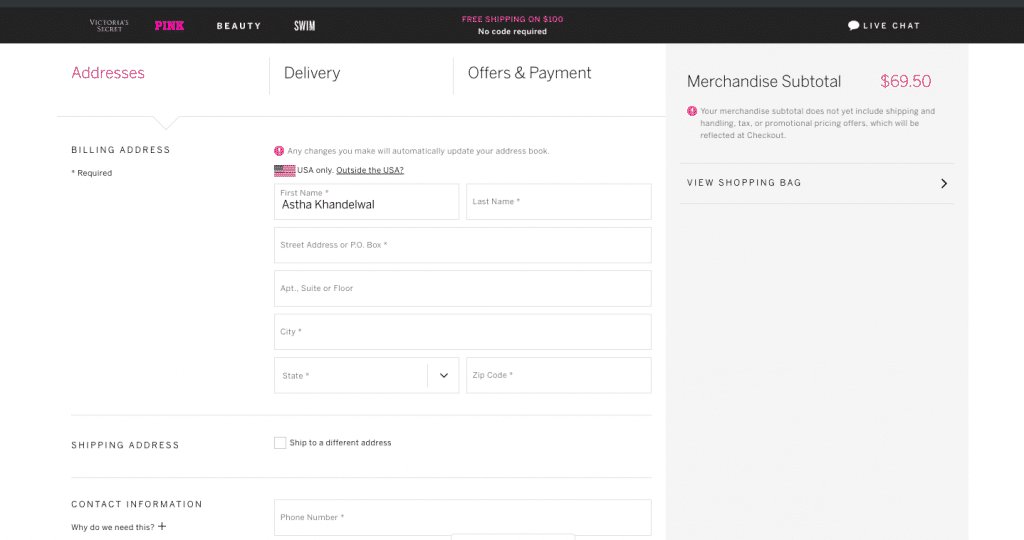 checkout form present on Victoria Secret's website