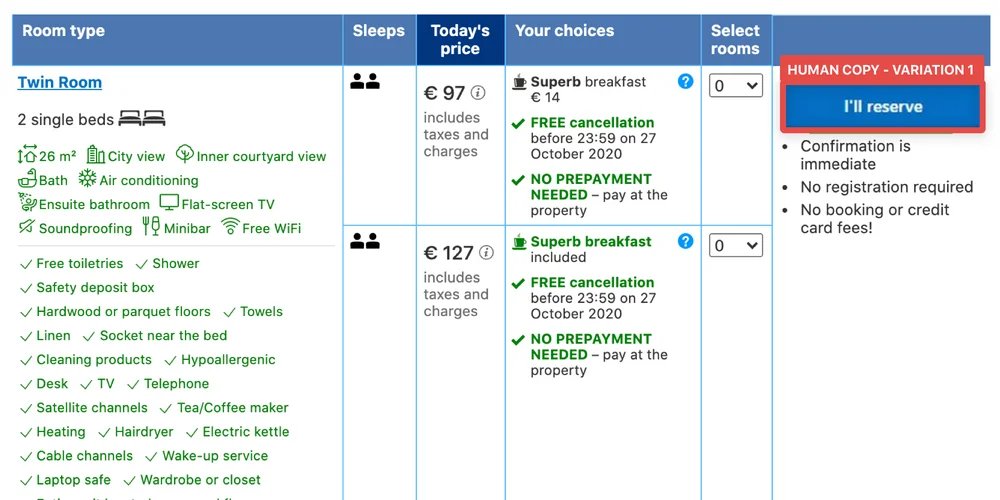 Human Written Copy In Ab Test On Booking Com