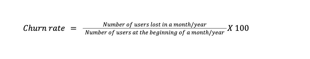 Churn rate = Number of users lost in a month/yearNumber of users at the beginning of a month/yearX 100