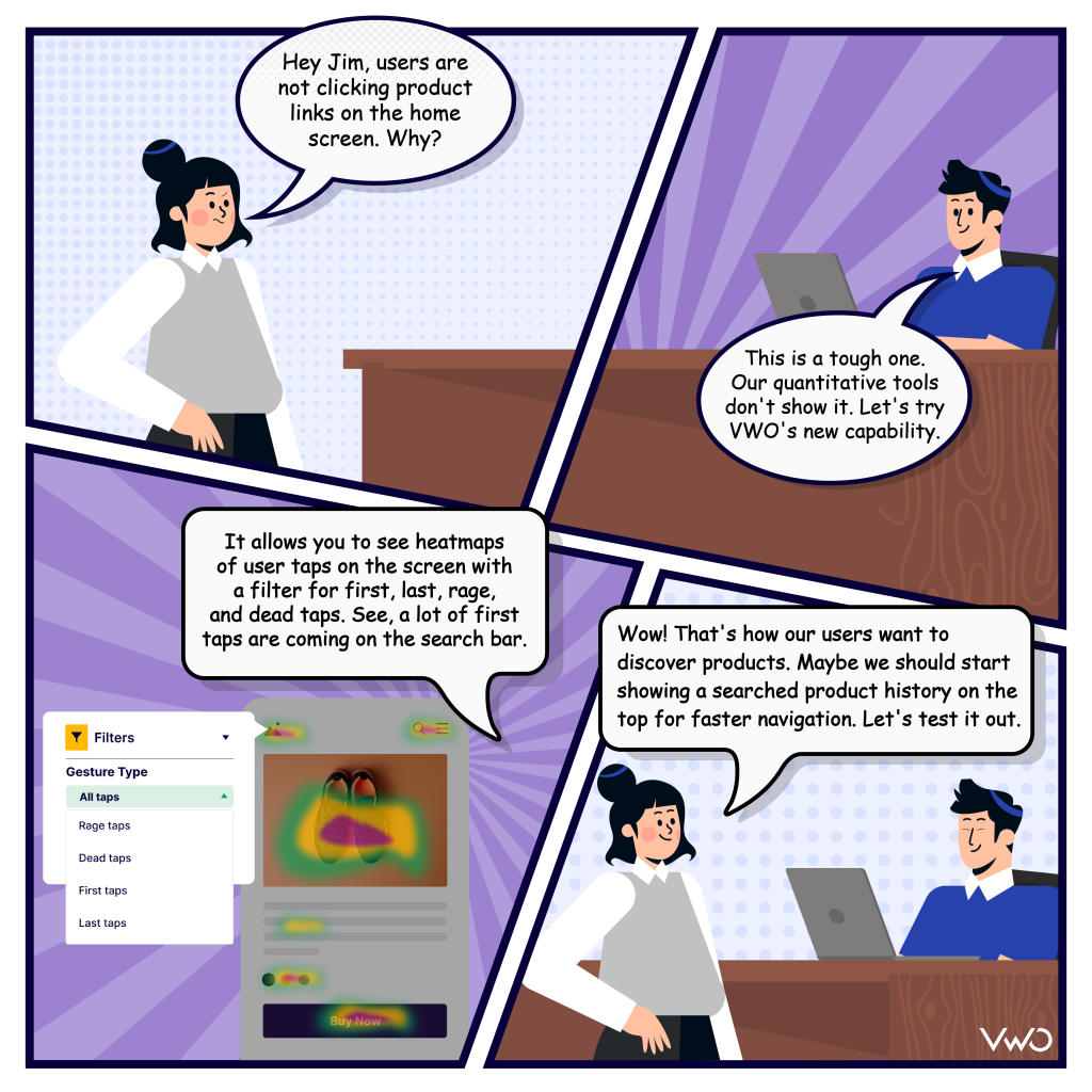 Comic strip on VWO Insights - Mobile App heatmap