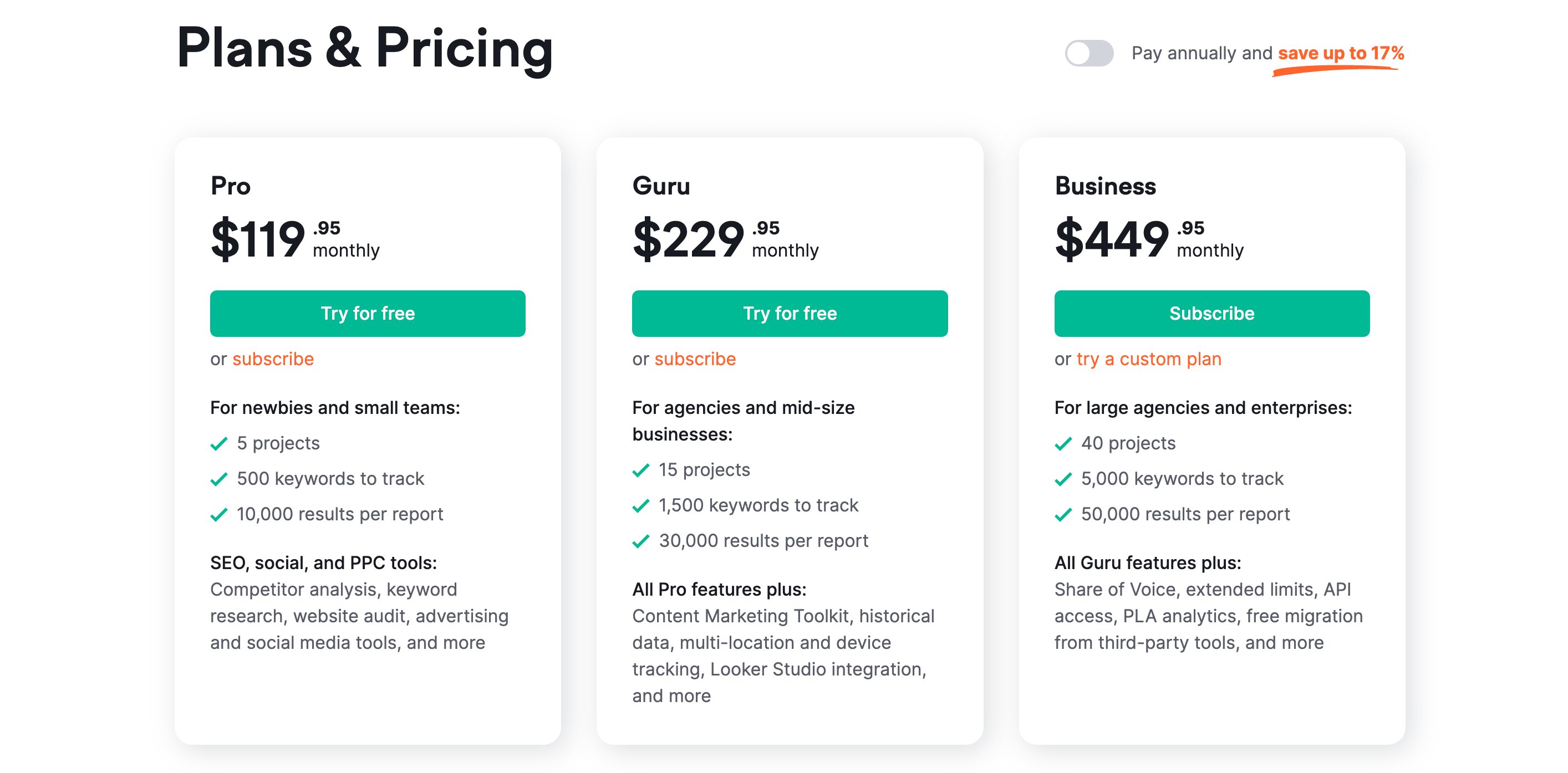 Semrush plans and pricing section