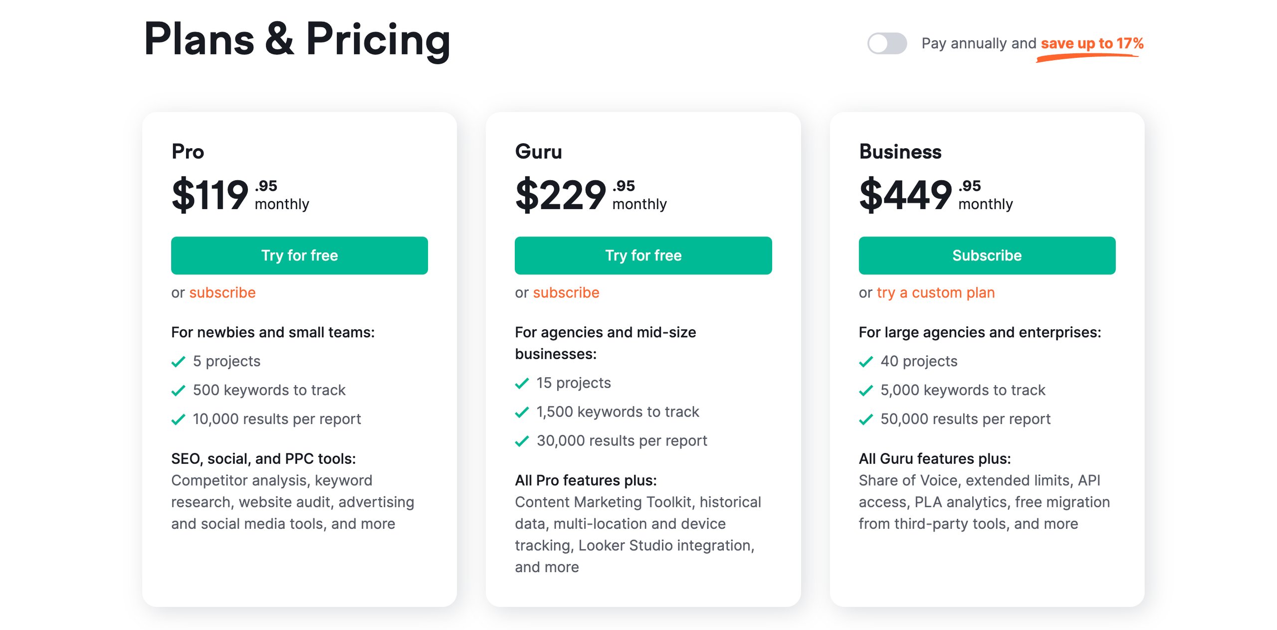 Semrush plans and pricing section