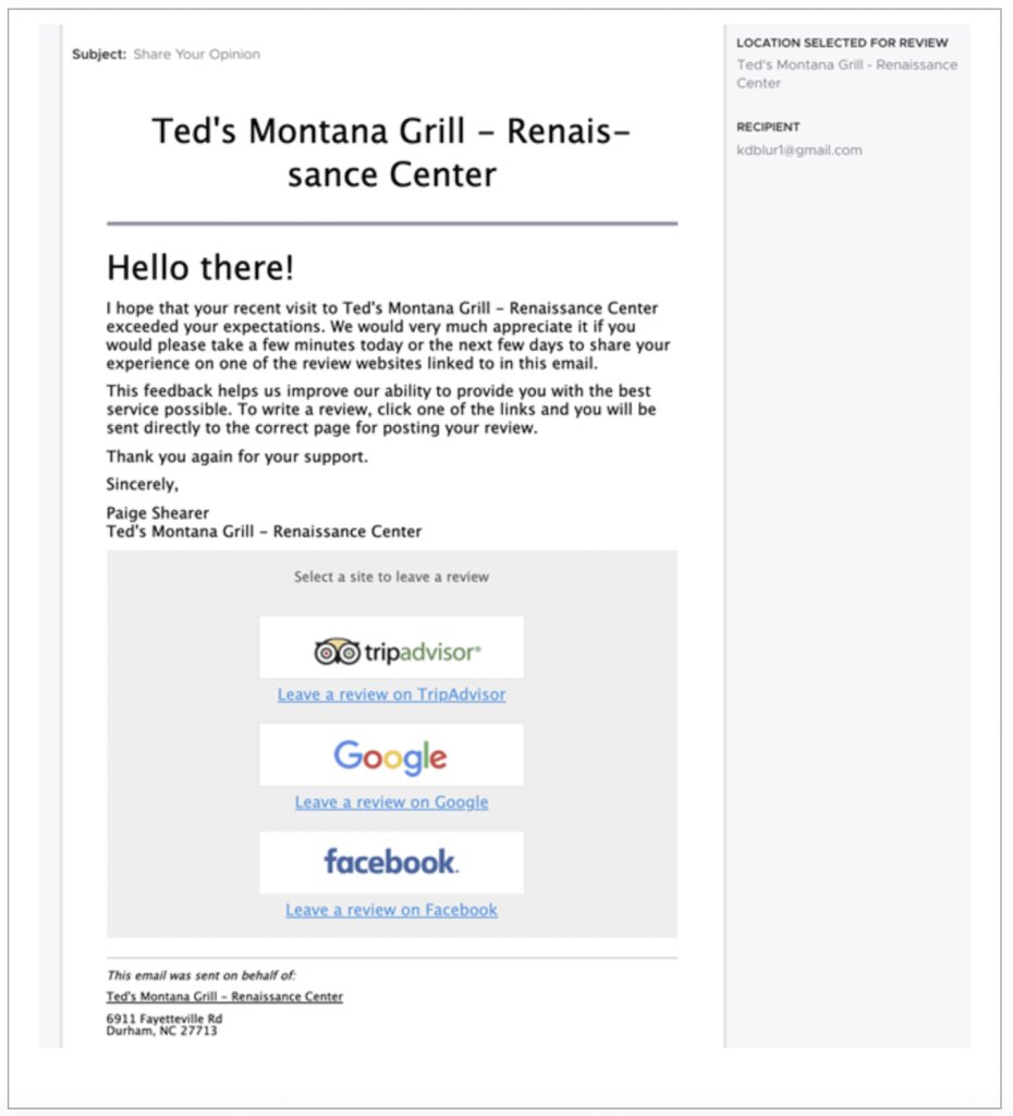 Ted’s Montana Grill's email communication example