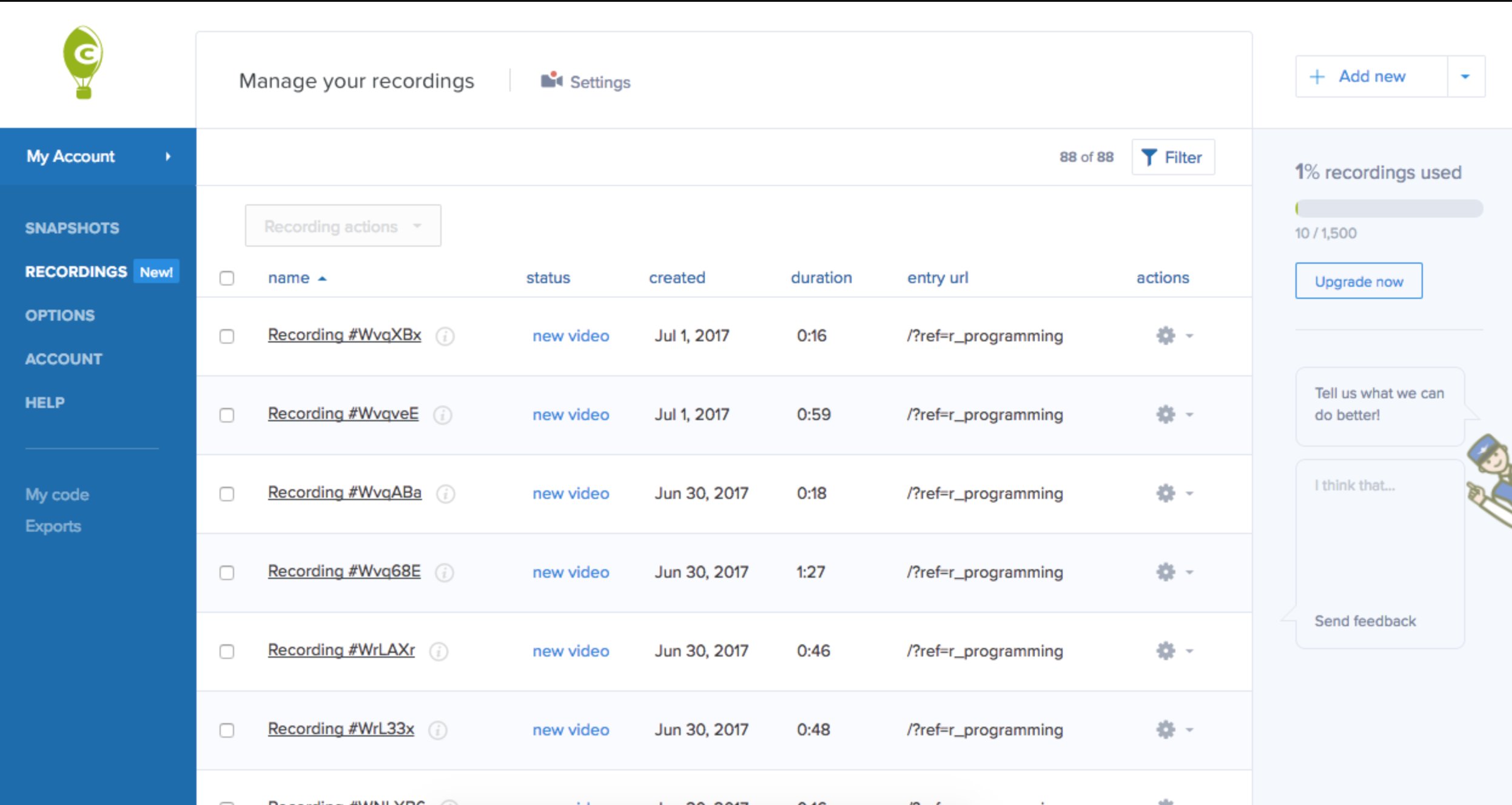 Crazy Egg Session Recordings Dashboard
