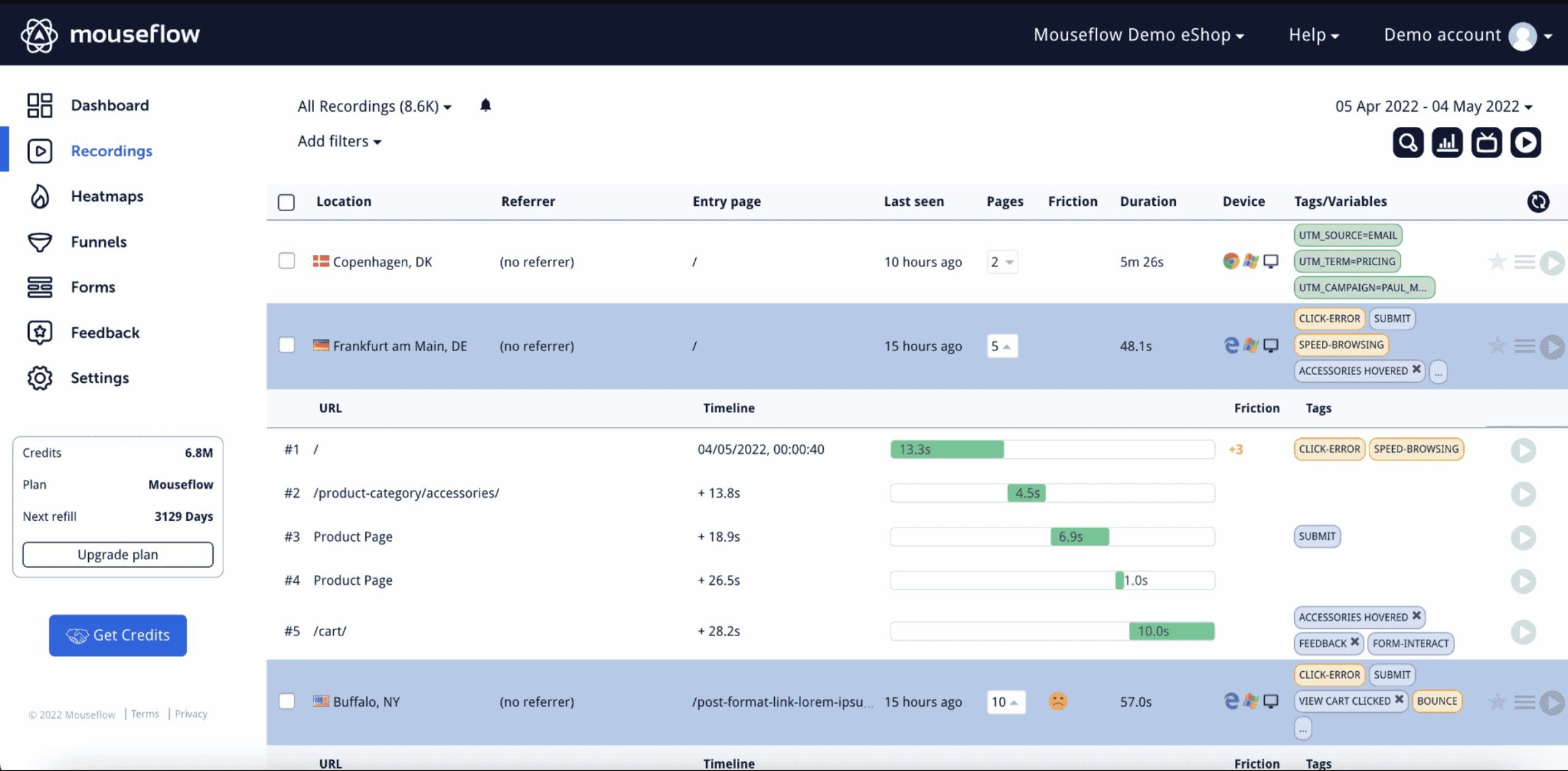 Mouseflow Recordings Dashboard