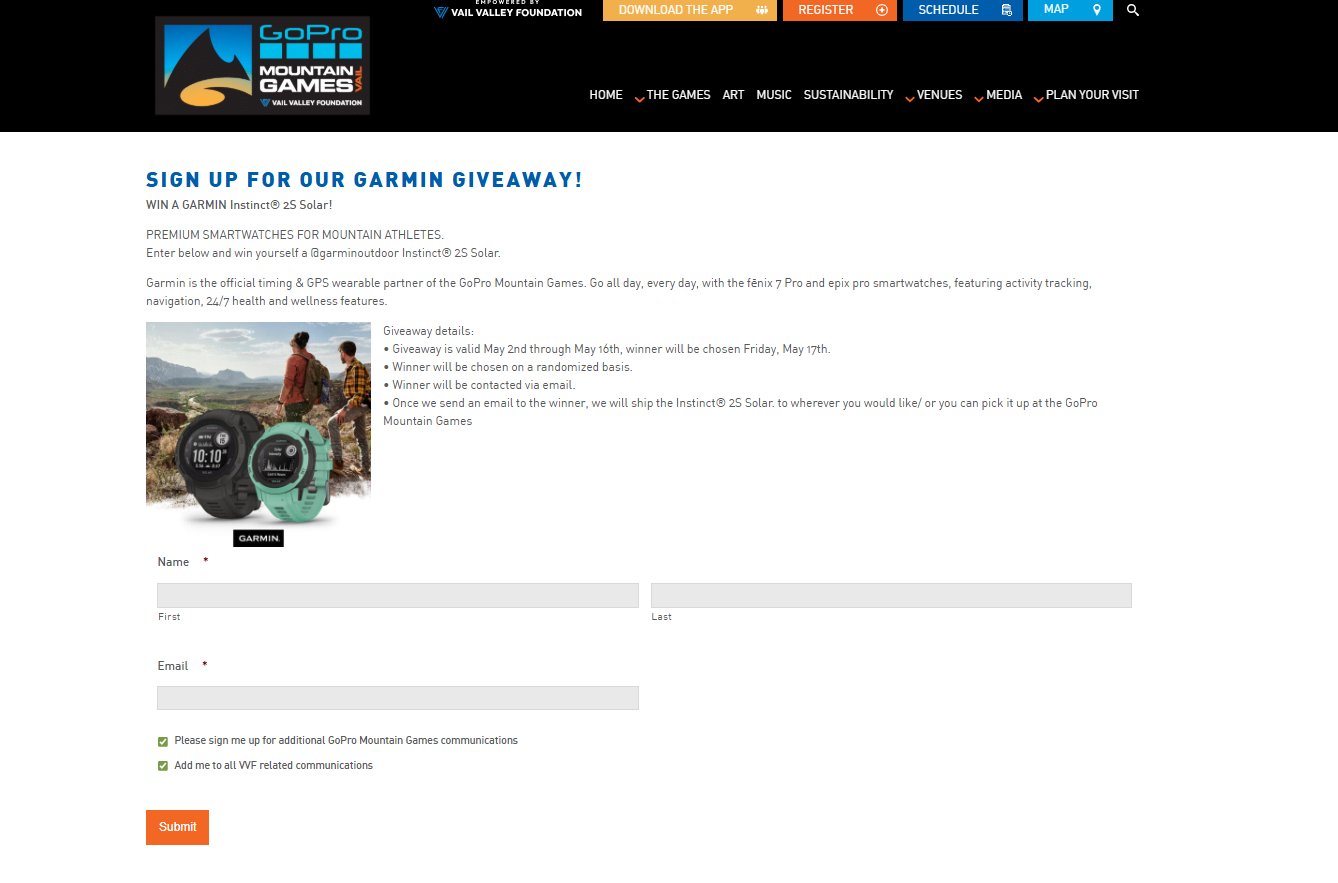 Giveaway entry forms – GoPro Mountain Games