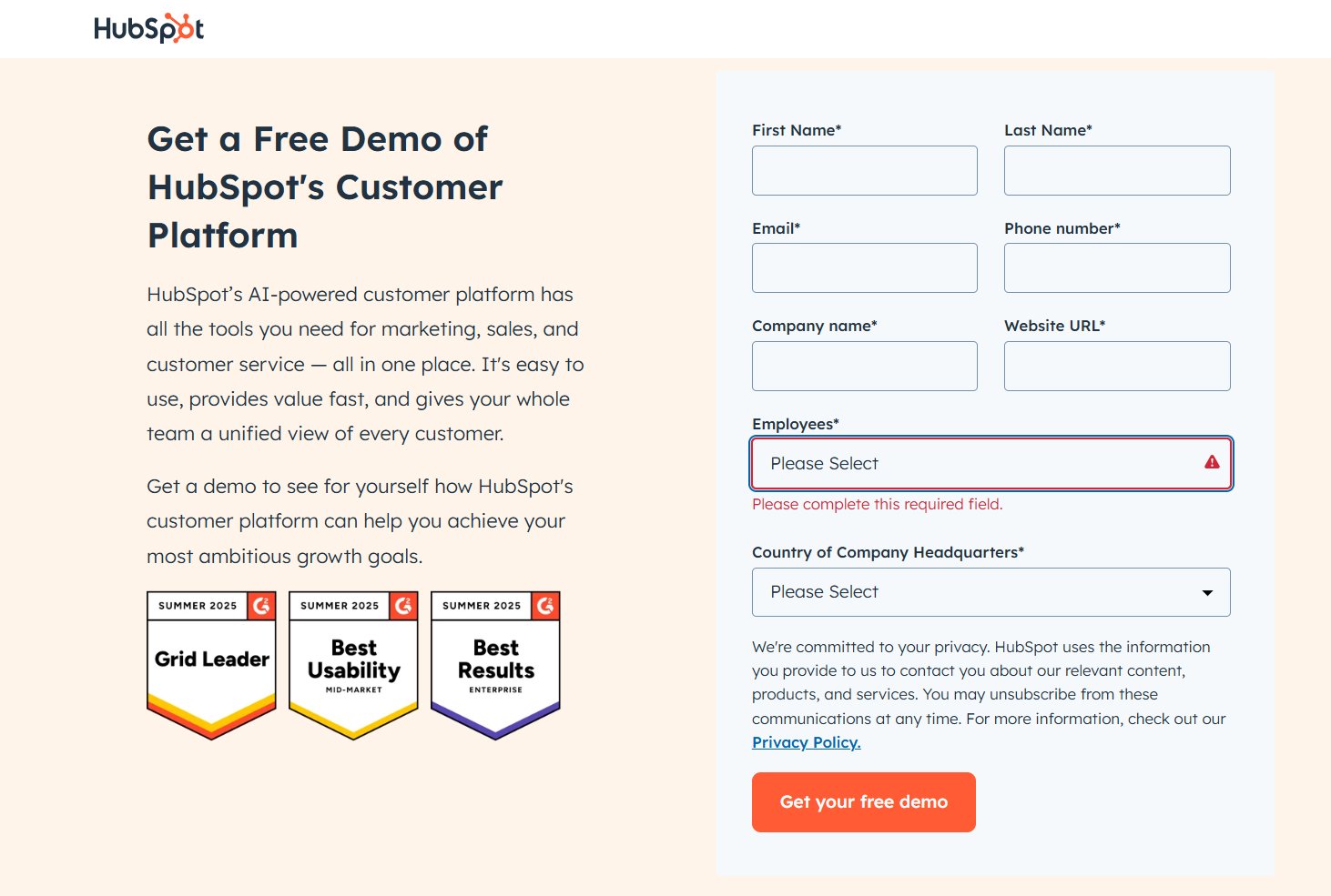 Demo request forms - HubSpot